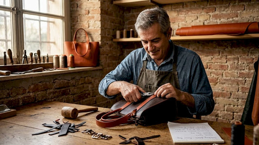 Handwerker prüft eine handgefertigte Luxushandtasche