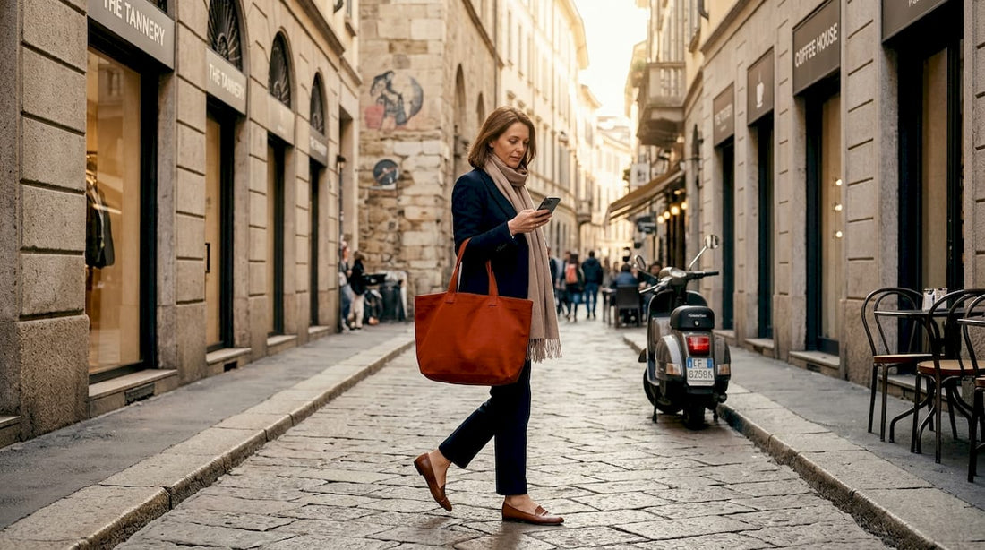 Frau im eleganten italienischen Stil geht durch Mailand