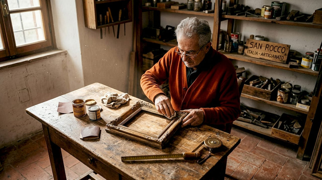 Artesano italiano puliendo un marco de madera en un taller