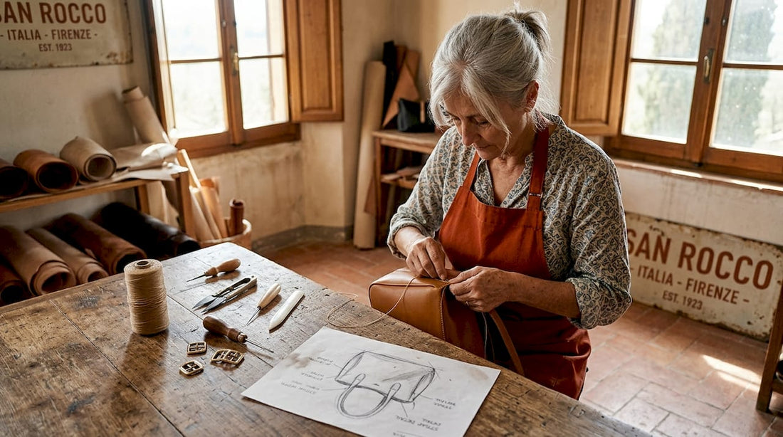 Italian artisan hand-stitching leather handbag