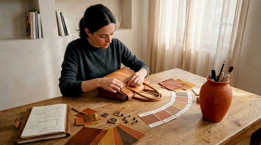 Designer esamina una borsa italiana in pelle su un tavolo da studio