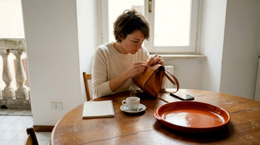 Donna esamina una borsa italiana in pelle al tavolo della cucina