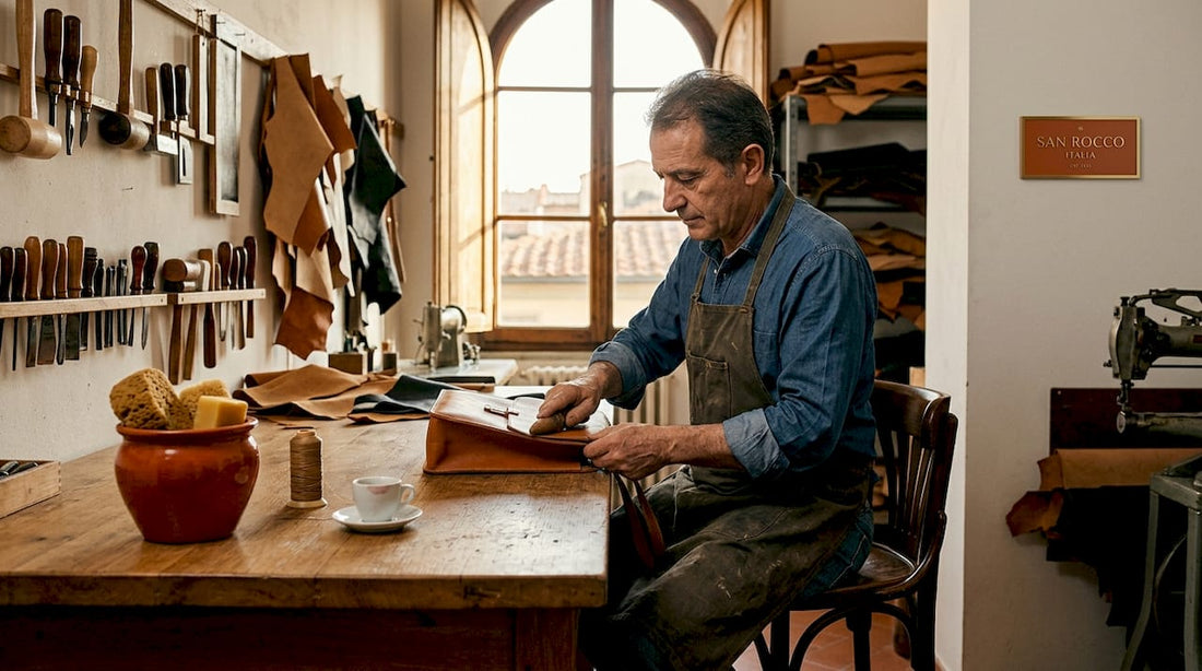 Artesano italiano del cuero elaborando un bolso en un estudio lleno de luz