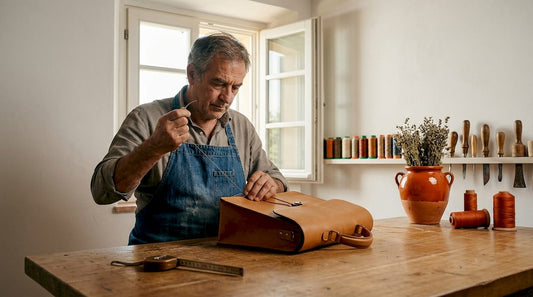 Handwerker näht eine Ledertasche von Hand in einer Werkstatt