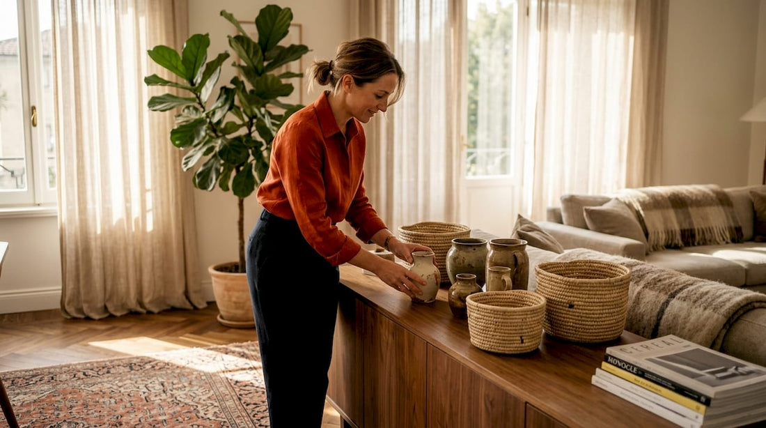 Femme disposant des objets décoratifs artisanaux dans un salon ensoleillé
