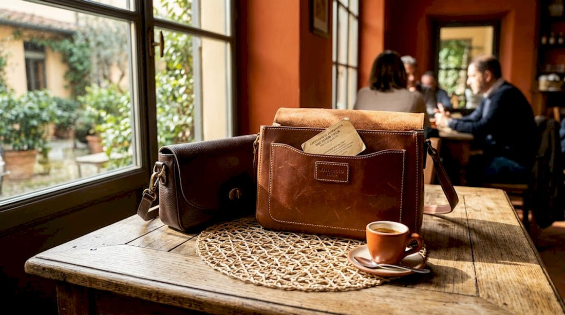 Italian leather handbags in studio sunlight