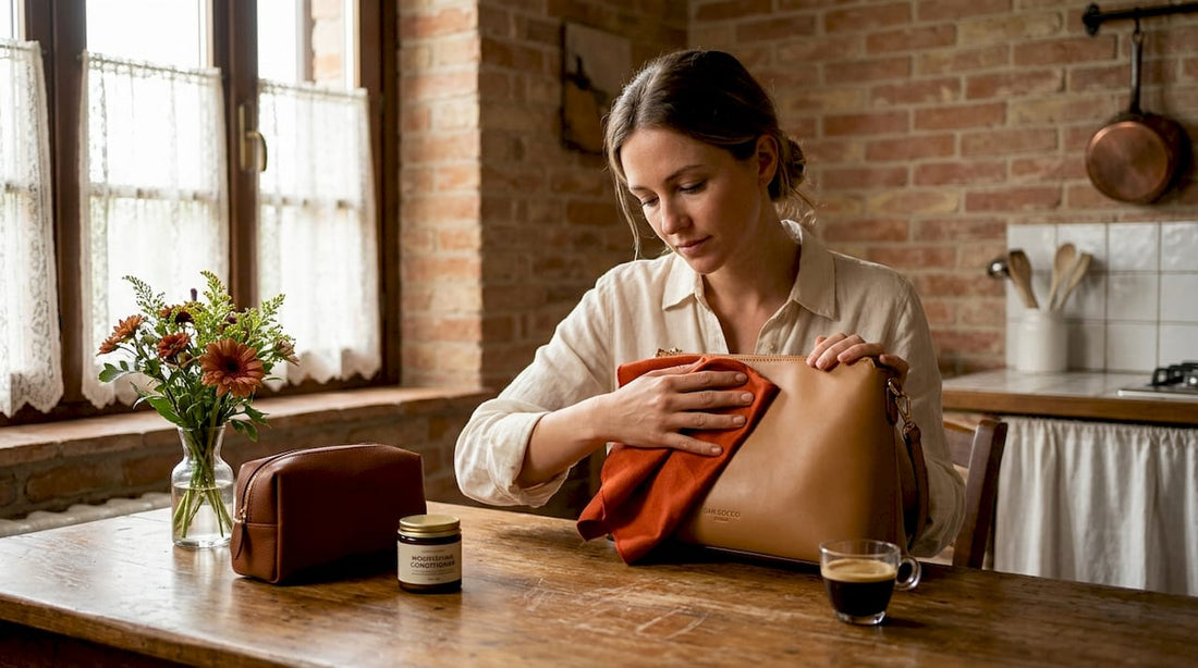 Frau reinigt zu Hause eine luxuriöse Lederhandtasche