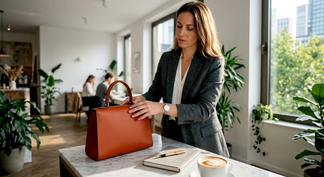 Elegante Frau stellt eine Lederhandtasche auf einen Bürotisch