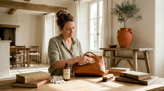 Donna restaura a casa una borsa color cuoio in pelle