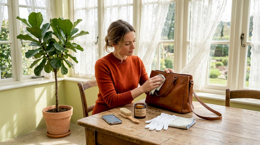 Femme se préparant à nettoyer un sac en cuir à la table de la cuisine