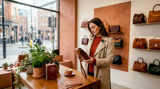 Cliente comparant des sacs à main de créateur et artisanaux