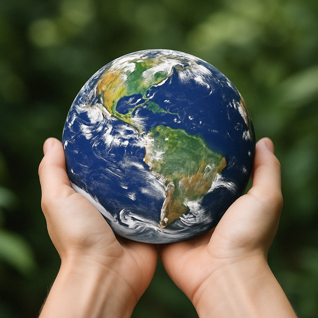 Hands gently hold a globe of Earth against a green blurred background