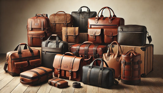 Collectie bruine leren tassen en etuis, ter presentatie gerangschikt op houten kisten.