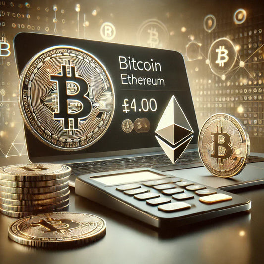 Digitalanzeige mit Bitcoin- und Ethereum-Logos, Münzen und einem Taschenrechner.
