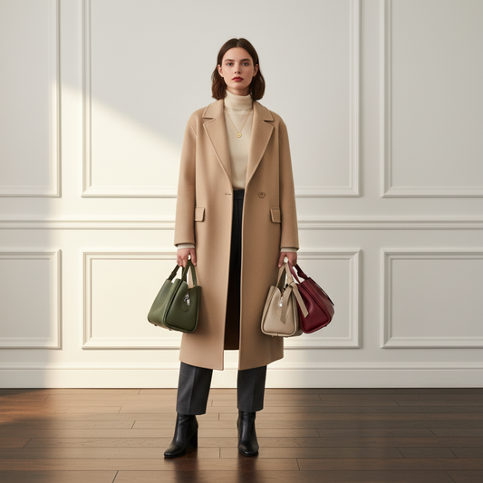 Model in einem beigefarbenen Mantel hält drei italienische Lederhandtaschen in Grün, Beige und Bordeaux