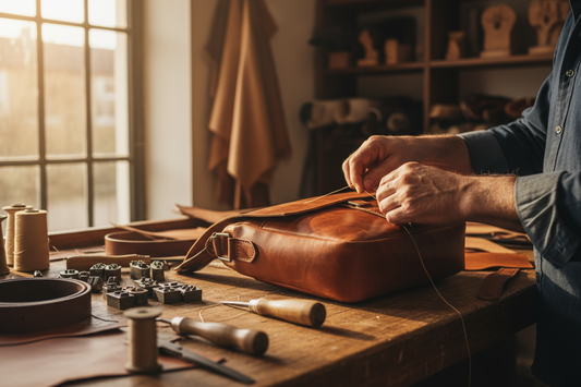 Unas manos cosen un bolso de piel color coñac sobre un banco de madera con herramientas de costura.