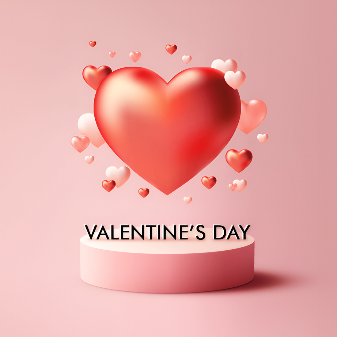Grosses rotes Herz, umgeben von kleineren Herzen, über einem rosafarbenen Sockel vor einem zartrosa Hintergrund zum Valentinstag.