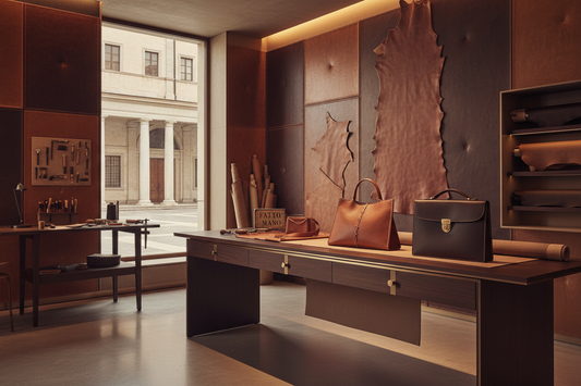 Szene in einer Lederwerkstatt mit zwei Handtaschen auf einem langen Holztisch und gerollten Häuten vor einer lederverkleideten Wand.