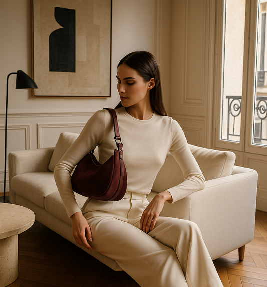 Donna seduta su un divano color crema con una borsa in pelle bordeaux a spalla in un soggiorno elegante