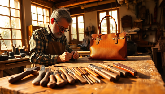Seasoned craftsman in a sunlit workshop works on a handmade Italian leather bag with tools on a wooden bench.