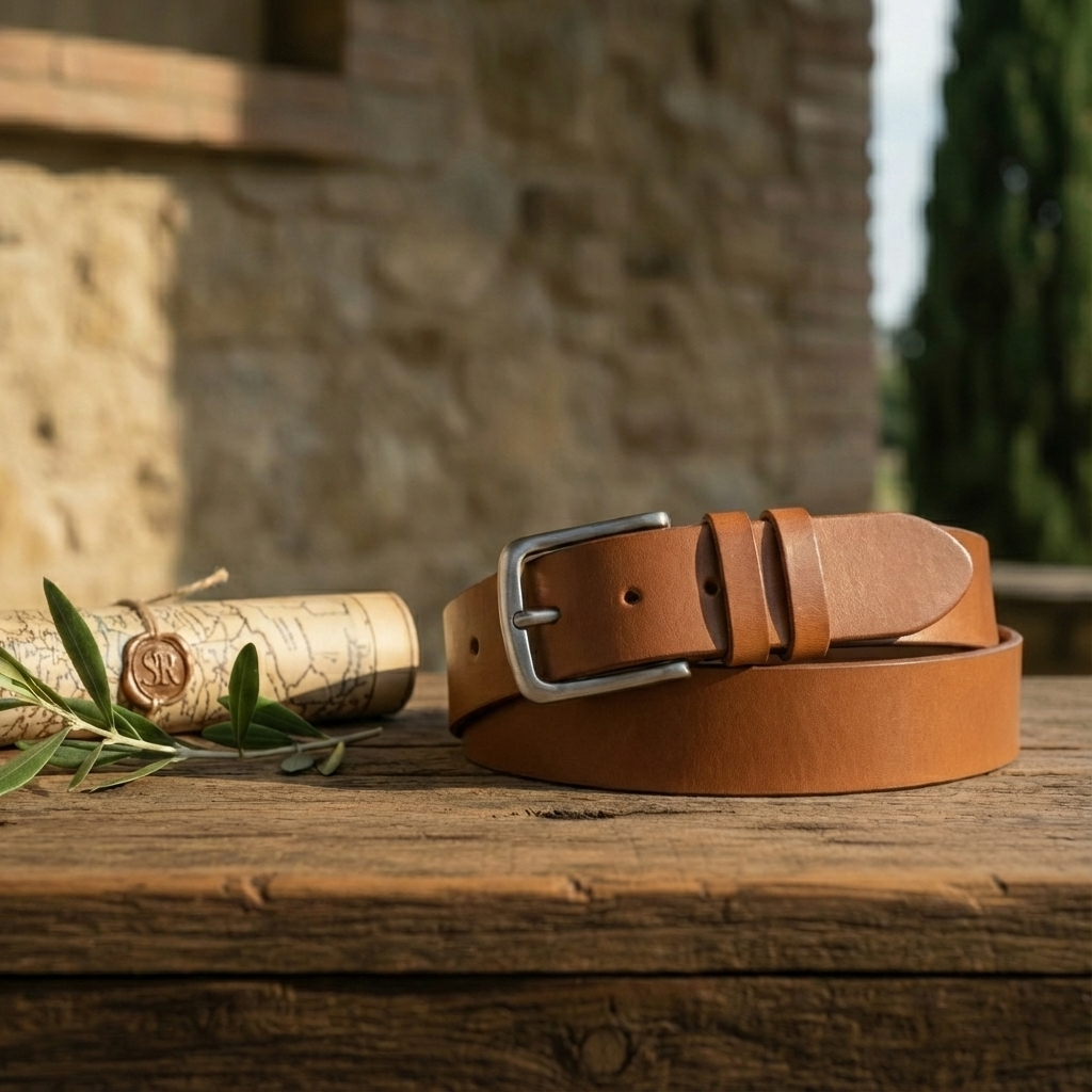 Tan leather belt with a silver buckle rests on a rustic wooden table beside a rolled map and olive branches.
