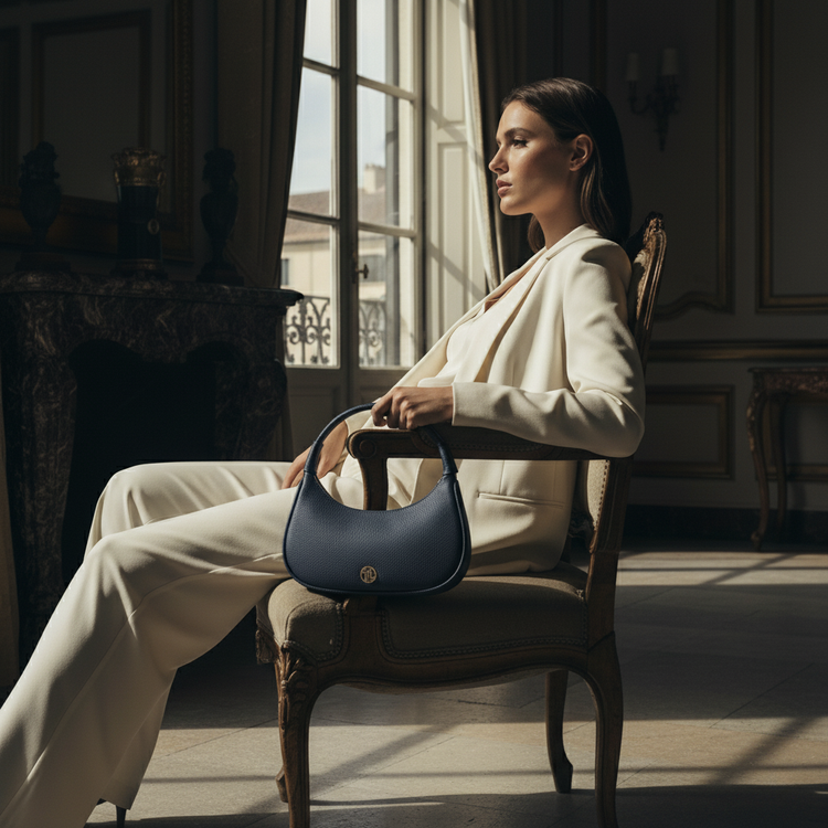Elegant woman in a cream suit sits in a grand room, holding a navy blue leather handbag on her lap.