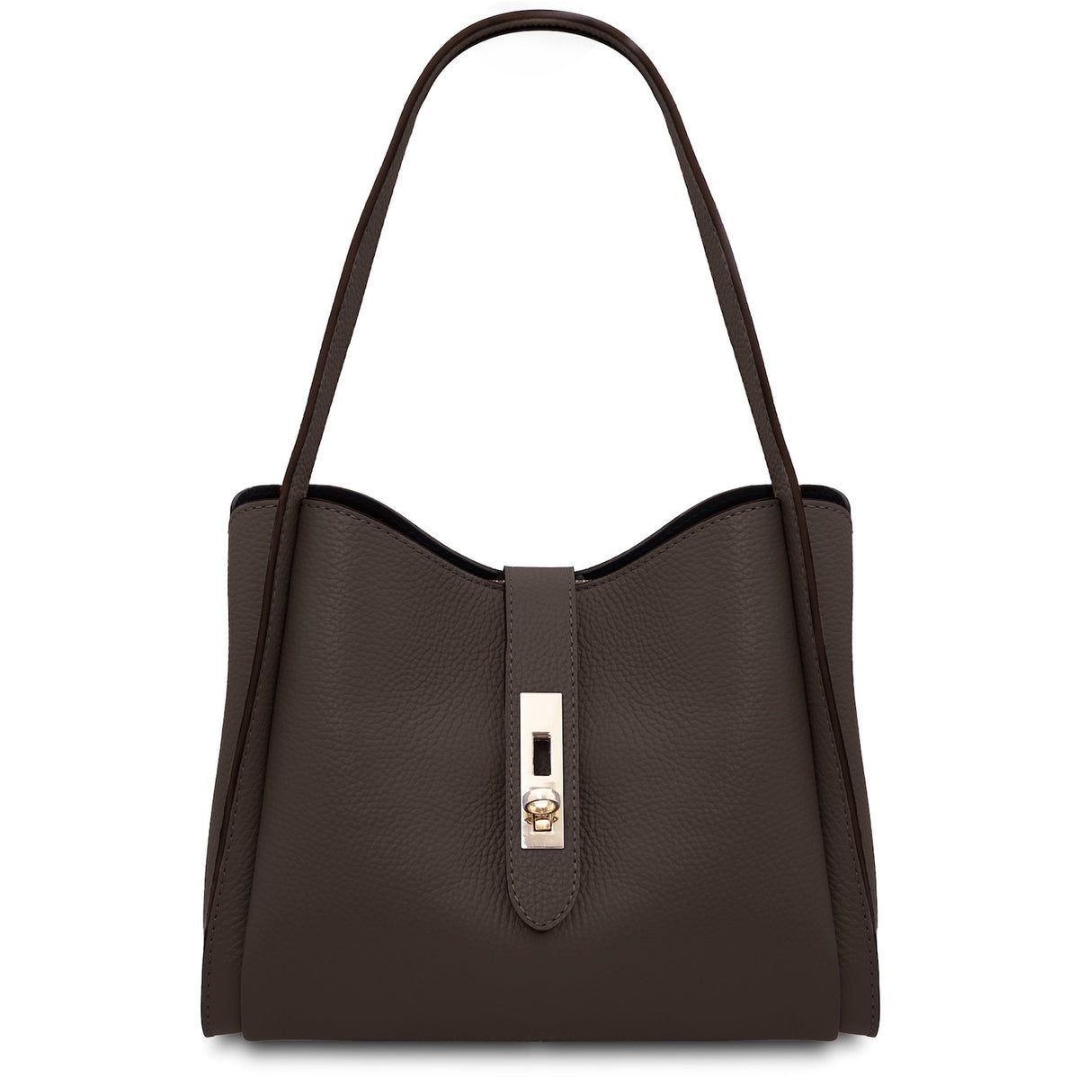 A dark brown pebbled leather handbag with a single shoulder strap and a vertical silver-tone turn-lock clasp on the front flap, shown against a plain white background.