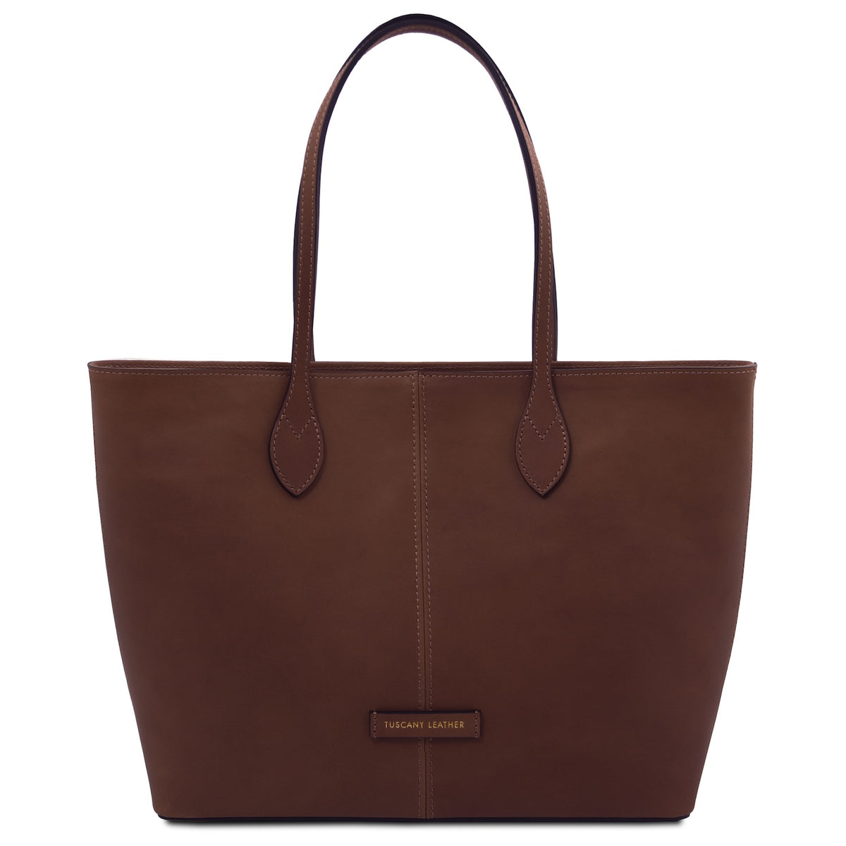 Brown leather tote bag on a white background