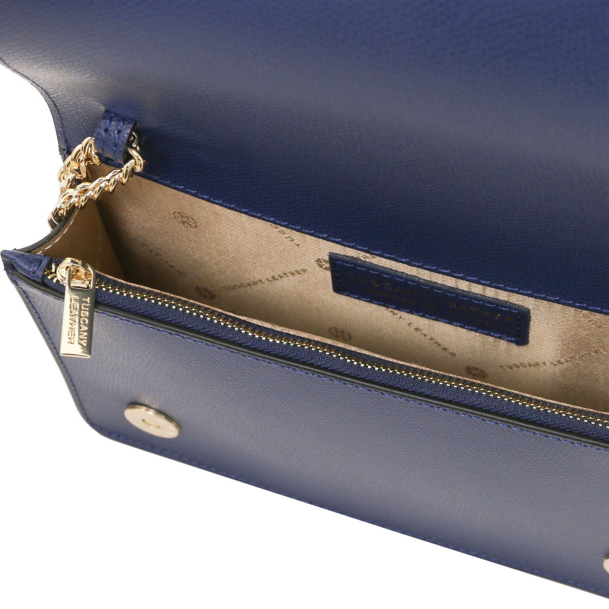 Opera - Leather clutch with chain strap in Palmellato calfskin leather
