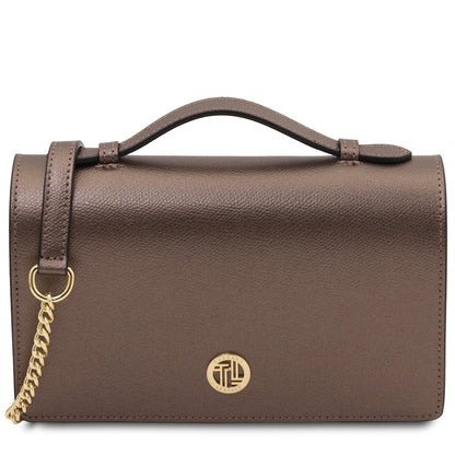 Opera - Leather clutch with chain strap in Palmellato calfskin leather
