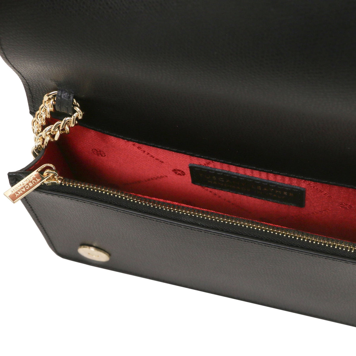 Opera - Leather clutch with chain strap in Palmellato calfskin leather