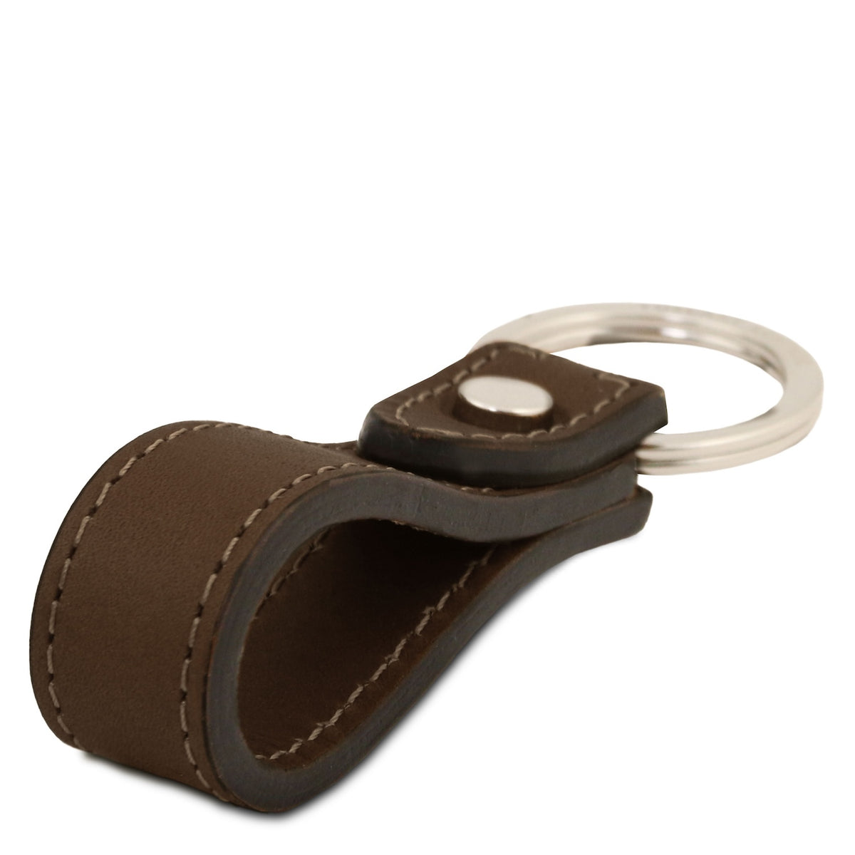 A black leather key ring holder with white contrast stitching and a silver metal key ring, shown on a plain white background.