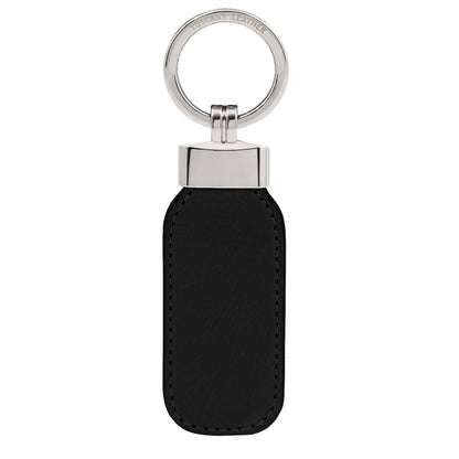 A black leather keychain with a silver-tone metal ring and a polished silver-tone metal connector, shown against a plain white background.