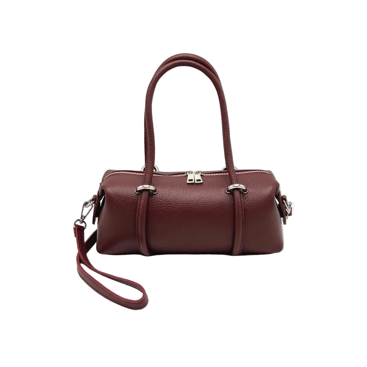 Burgundy handbag with a strap sobre fondo blanco