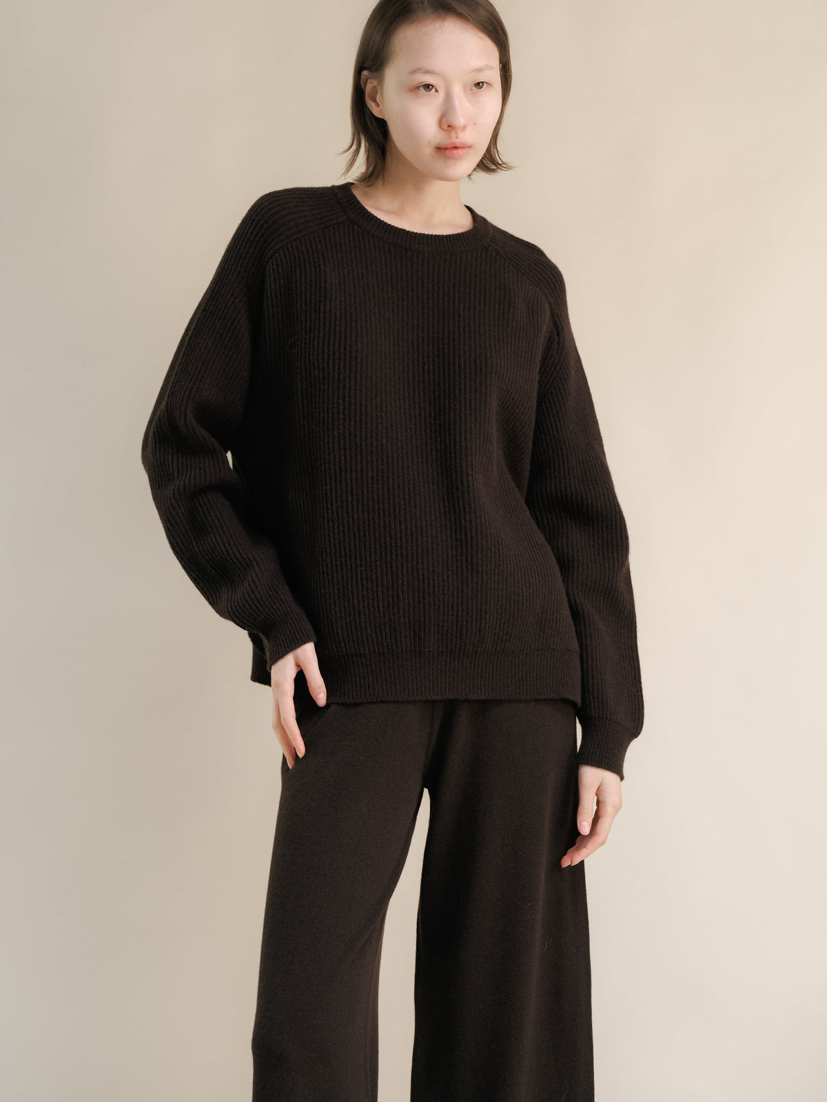 Modelo con a dark brown ribbed cashmere mix jersey de cuello redondo with a corte relajado