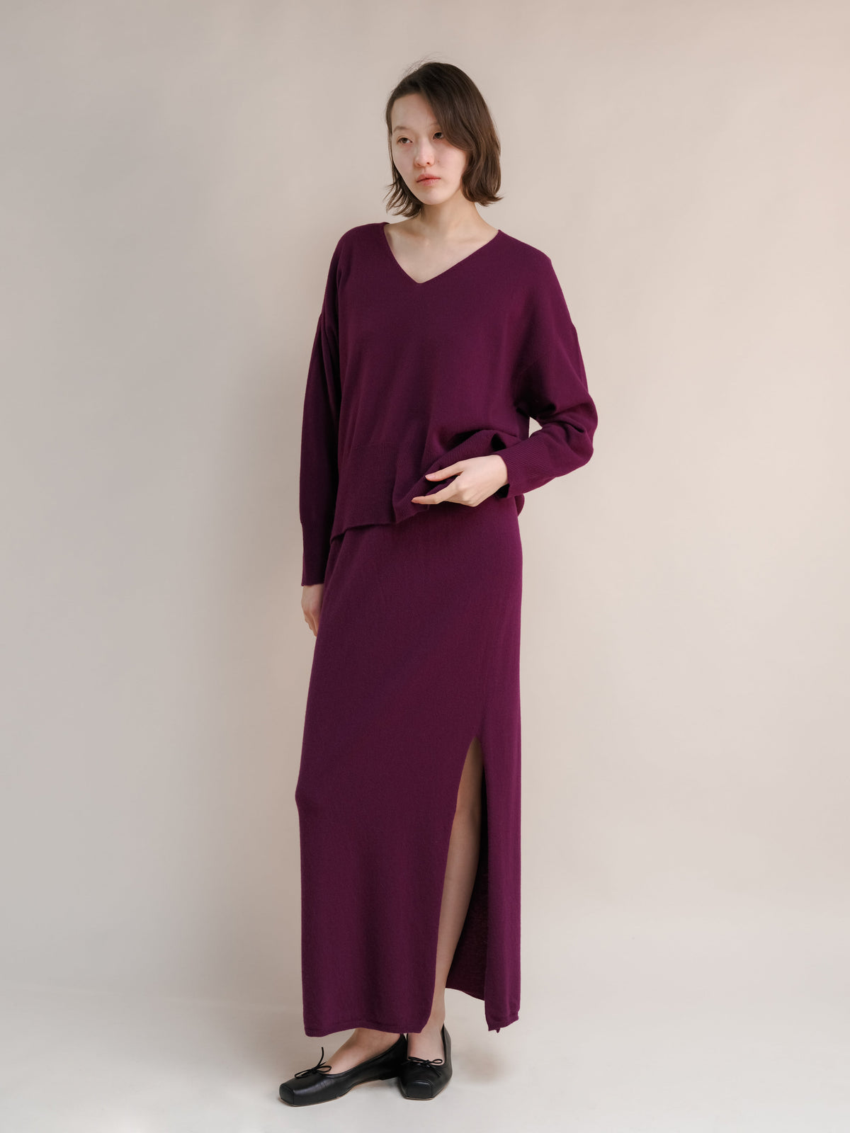 Cashmere Blend High-Waist Long Skirt With Side Slit (3D-Knit)