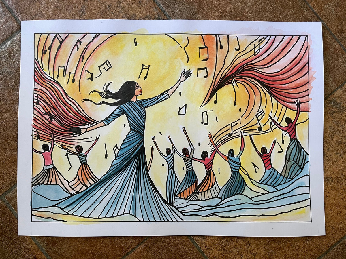 Obras de arte A Symphony of Dance | Pen and Ink Watercolor Painting San Rocco Italia