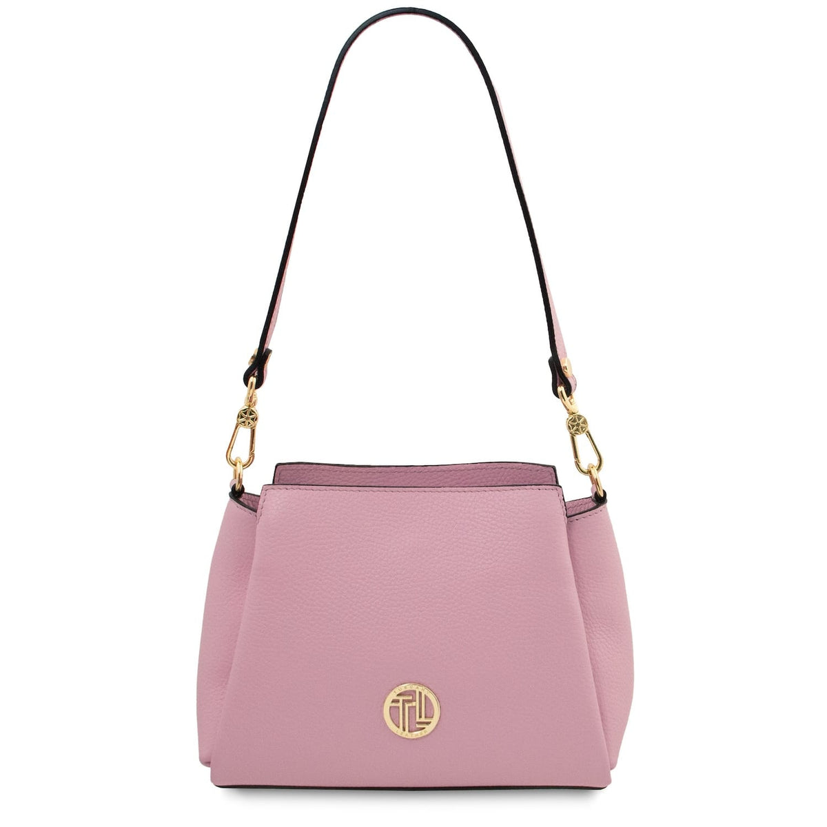 Zartrosa Abby leather shoulder bag with black trim and goldfarbene Beschläge on abnehmbarer Riemen.