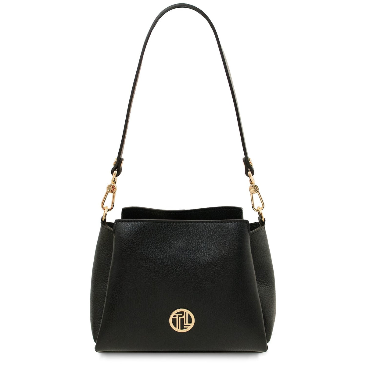 Abby black leather shoulder bag with a long strap and goldfarbene Logoplakette on the front