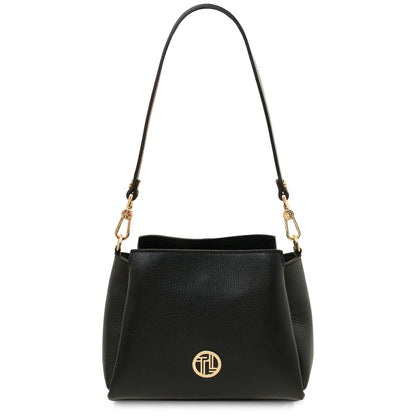 Abby black leather shoulder bag with a long strap and goldfarbene Logoplakette on the front