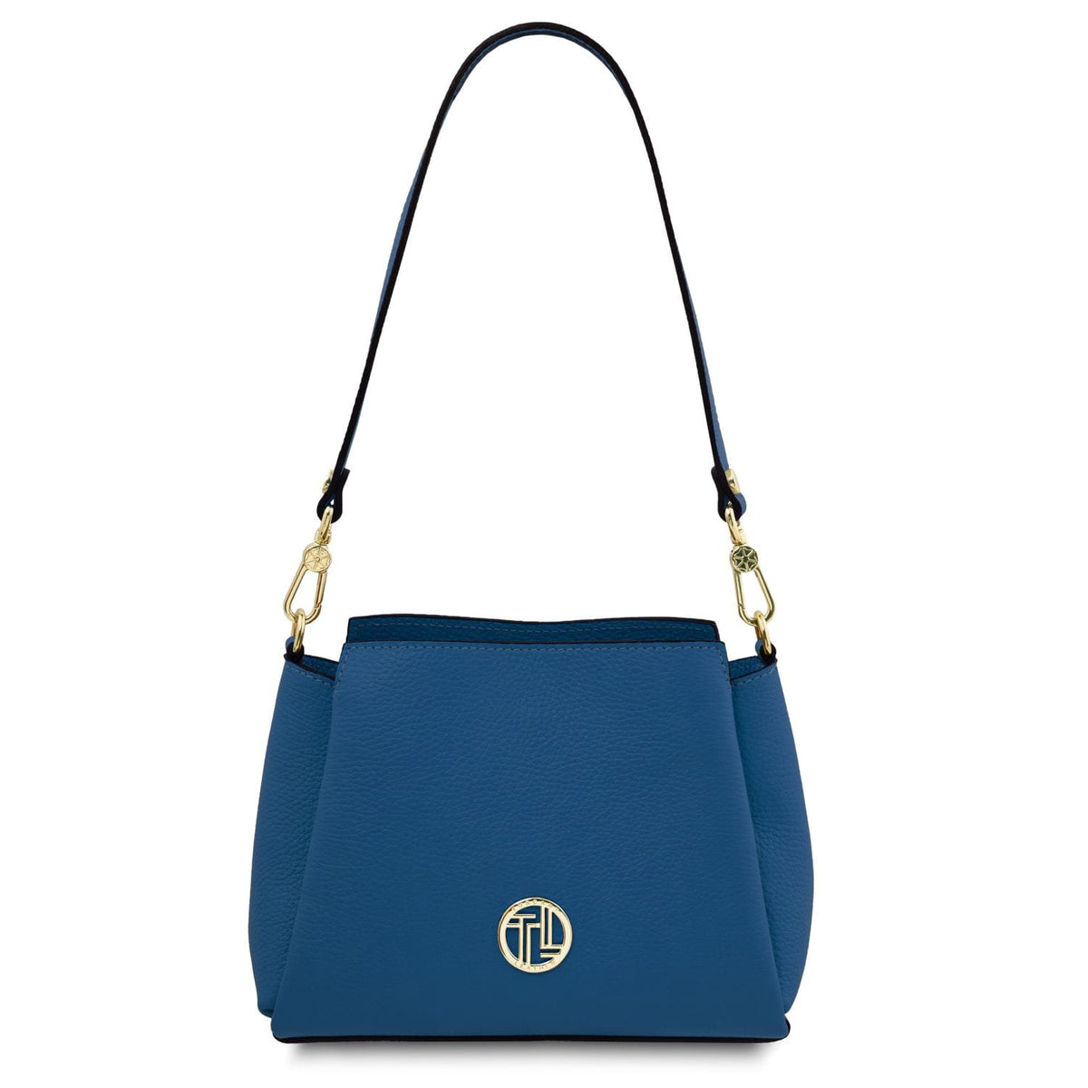 Blue Abby leather shoulder bag with goldfarbene Beschläge and a round front logo emblem