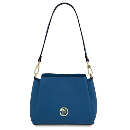 Blue Abby leather shoulder bag with goldfarbene Beschläge and a round front logo emblem