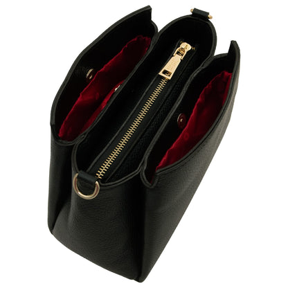 Abby leather shoulder bag in black with red Innenfutter and goldfarbene Beschläge.