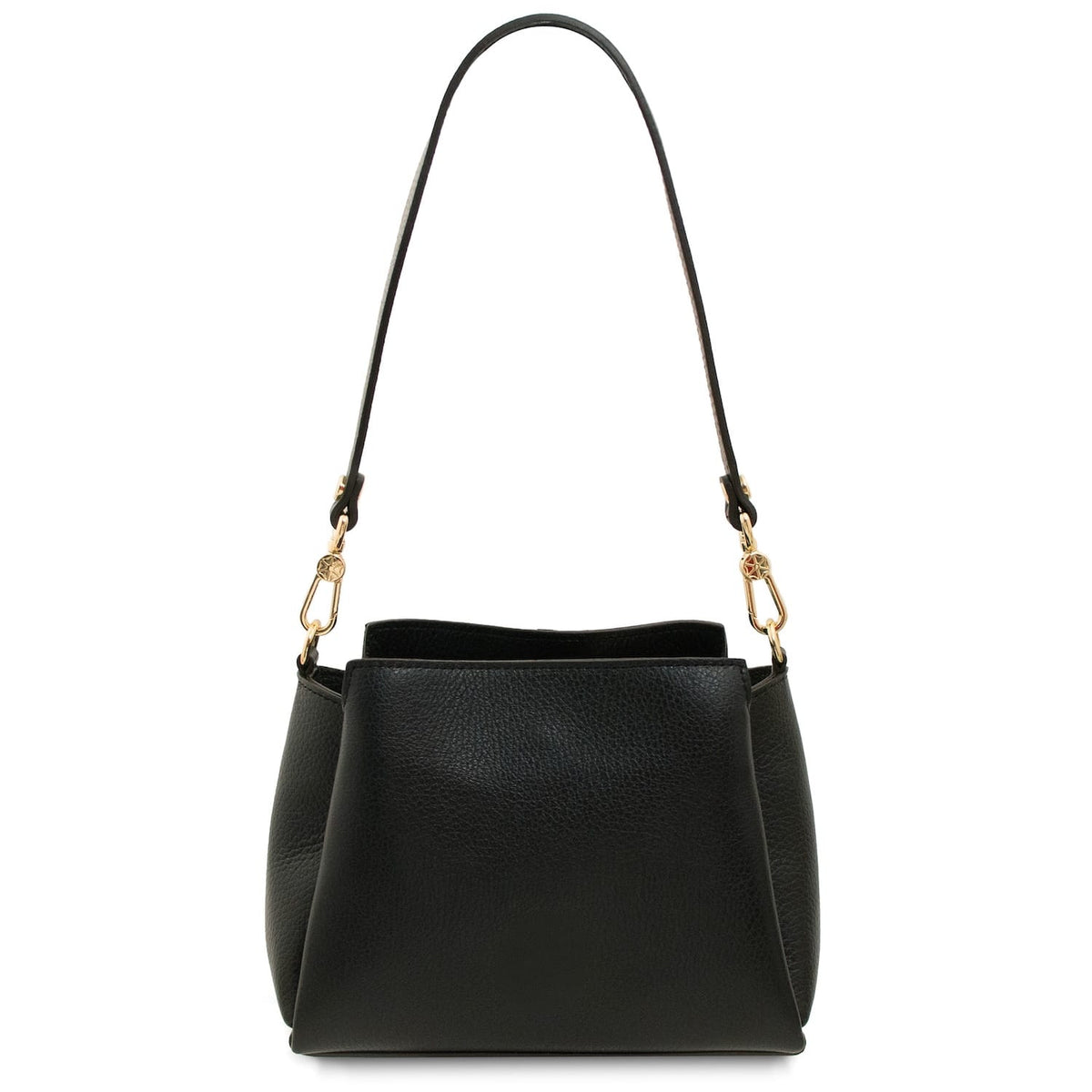 Abby black leather shoulder bag with goldfarbene Beschläge and a long strap shown von vorn