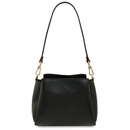 Abby black leather shoulder bag with goldfarbene Beschläge and a long strap shown von vorn