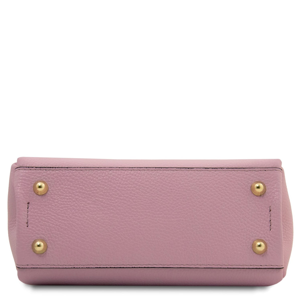 Unteransicht of pink Abby leather shoulder bag mit vier goldfarbenen Füssen.