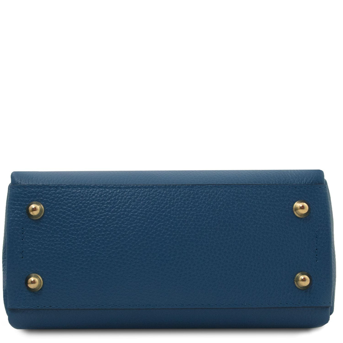 Unteransicht of blue Abby leather shoulder bag mit vier goldfarbenen Füssen