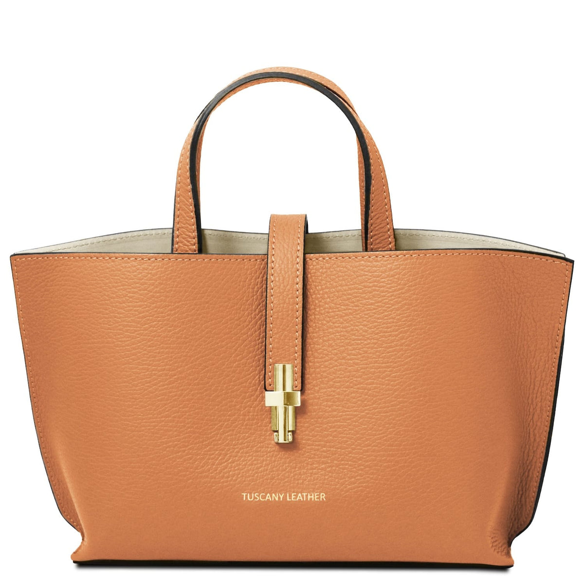 Agatha tan pebbled leather tote with two top handles and a gold center clasp.