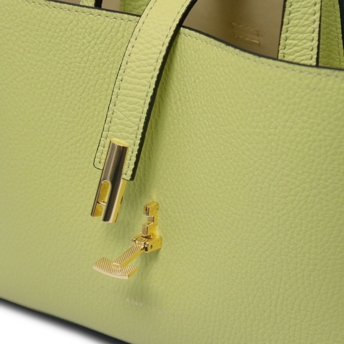 Agatha lime green pebbled leather tote with gold tone hardware and decorative lock charm