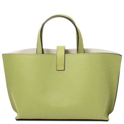 Agatha women's lime green leather tote from the front showing top handles and a center strap closure.